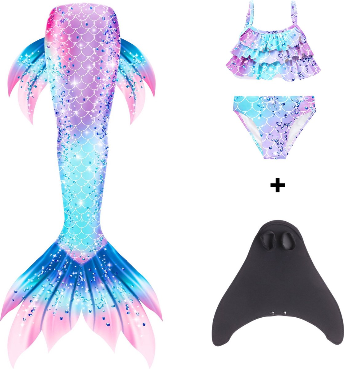 Joya Kids® Zeemeerminstaart met bikini met MONOVIN verkleed set Blauw en Paars | Staart met bijpassende bikini | Mermaid Staart | Prinsessen jurk | Zeemeermin Verkleedkleding meisje | Maat 150 | Incl MONOVIN